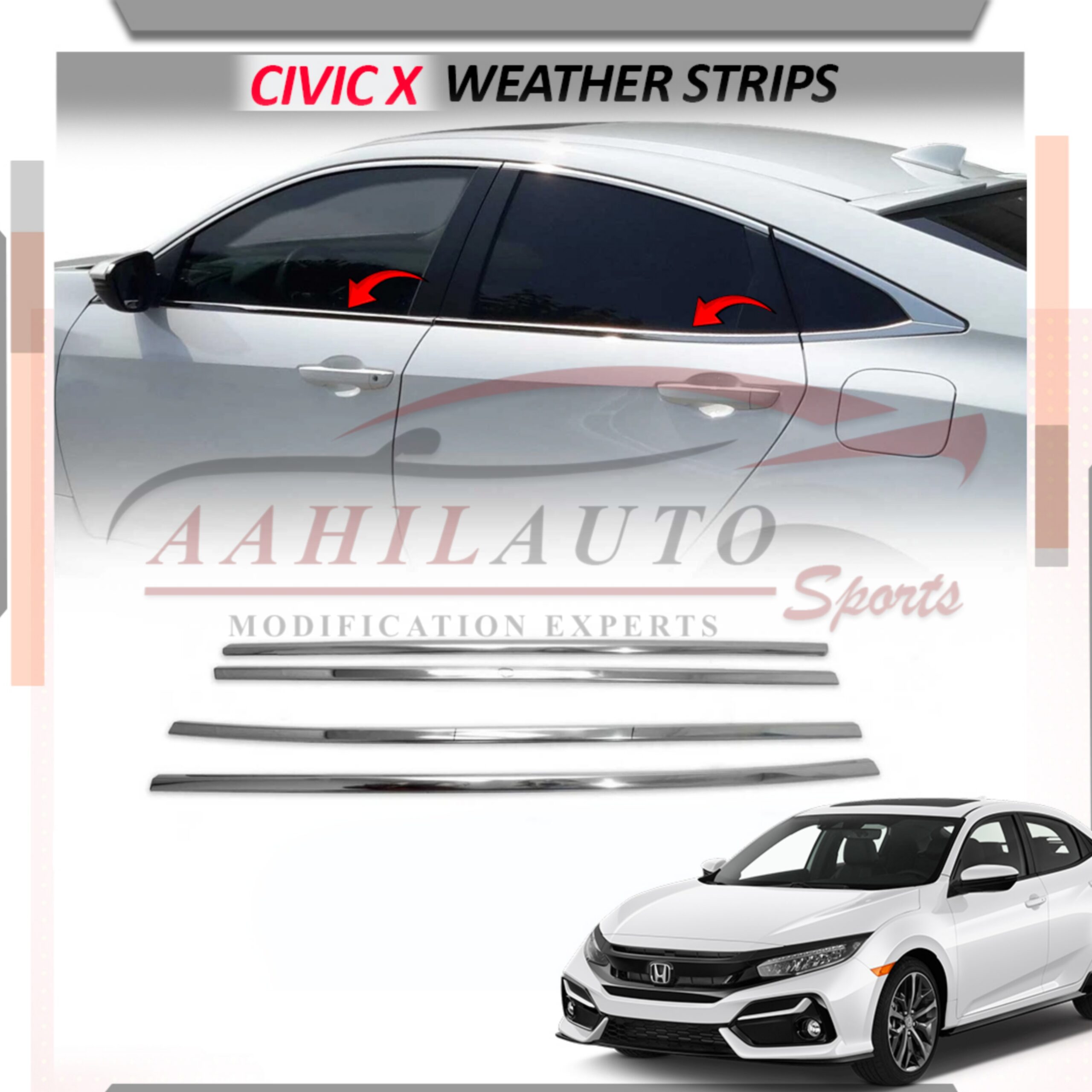 Honda Civic Window Chrome Weather Strips 6 Pcs - Model 2016-2021