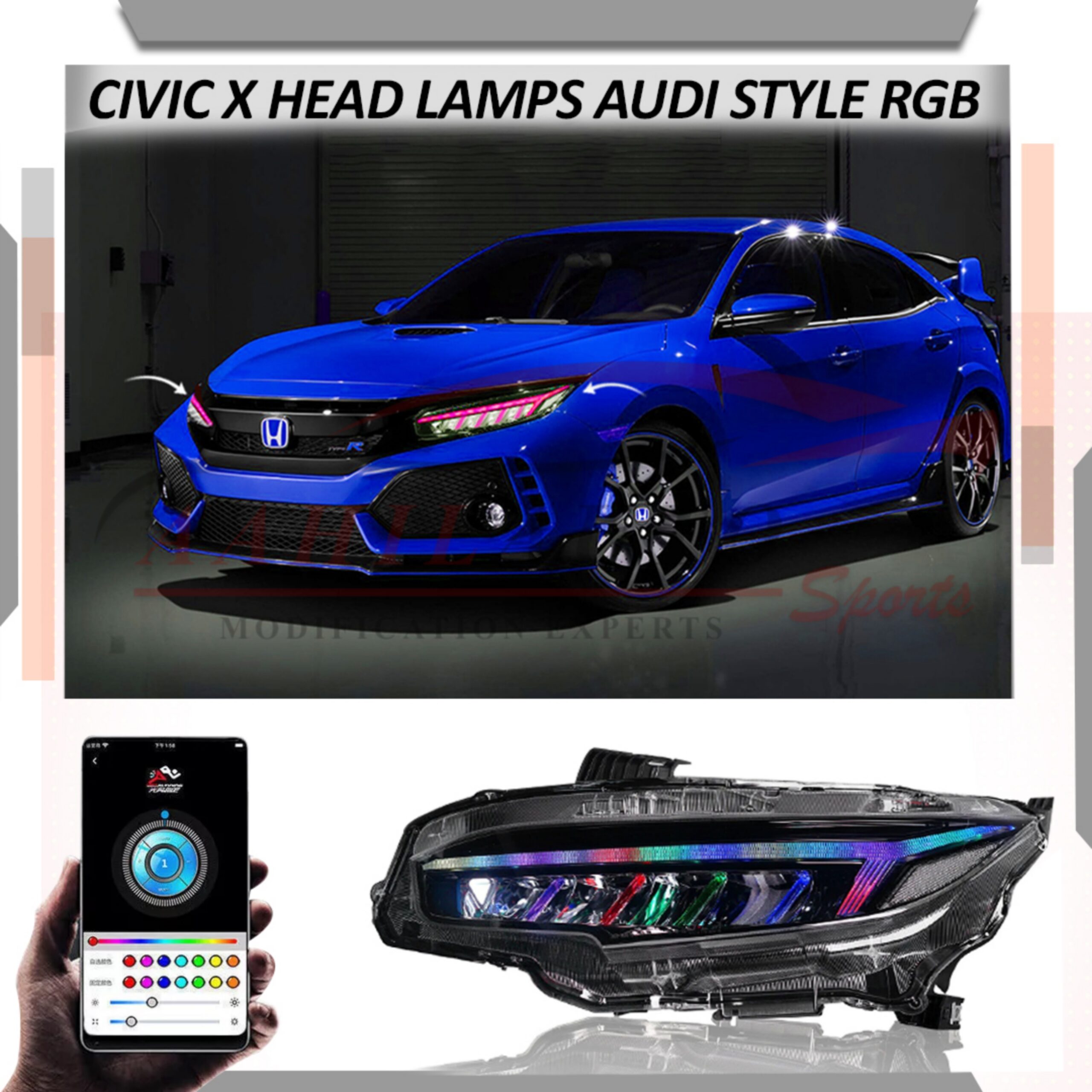 Honda Civic RGB Headlamps Headlights Audi Style 2016-2021